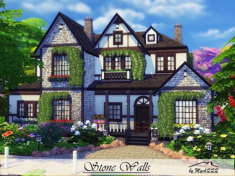 Stone Walls is a big house in Tudor style built on 40x30 lot in Willow Creek.  Found in TSR Category 'Sims 4 Residential Lots' Sims 4 House Windenburg, Sims 4 Get Together Houses, Sims Windenburg House, Sims Roofing, Sims Big House, Sims 4 Large House, Sims 4 Roof Ideas, Sims 4 Tudor House, Willow Creek Sims 4 House