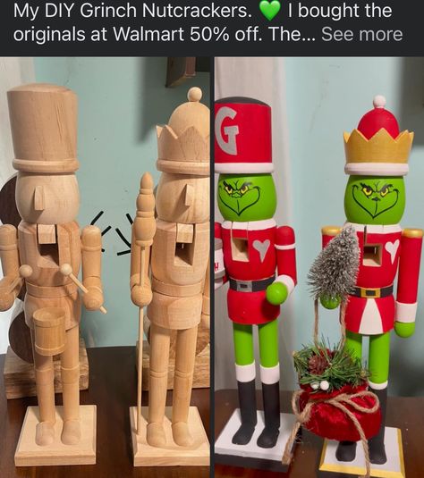 Wooden Nutcracker Painting Ideas Diy, Diy Grinch Nutcracker, Nutcrackers Painting Ideas, Nutcrackers Diy Paint Ideas, Easy Nutcracker Painting, Diy Nutcracker Painting Ideas, Grinch Nutcracker Diy, Walmart Nutcracker Painting Ideas, Paint A Nutcracker