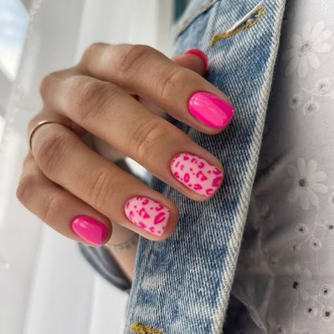 Neon Pink Nails Short, Classy Fun Nails, Neon Pink Gel Nails, Neon Pink Nails Design, Short Neon Nails, Pink Leopard Print Nails, Pink Leopard Nails, Summer Vacation Nails, Neon Pink Nails