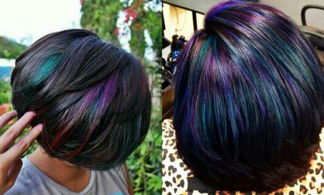 Peacock Hair Color, Brunettes Hairstyles, Oil Slick Hair Color, Hair Color 2017, Oil Slick Hair, Slick Hair, Peacock Hair, Ombre Blond, Short Dark Hair