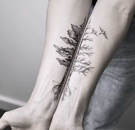 Matching tattoo of a tree on both forearms. One side signifies spring or summer, and the other side winter or autumn. Tattooed by Maria Fernandez Yggdrasil Tattoo, Marriage Tattoos, Pair Tattoos, Partner Tattoos, Couple Tattoos Love, Tattoo Tree, Cute Couple Tattoos, Couple Tattoos Unique, Tattoos Inspiration