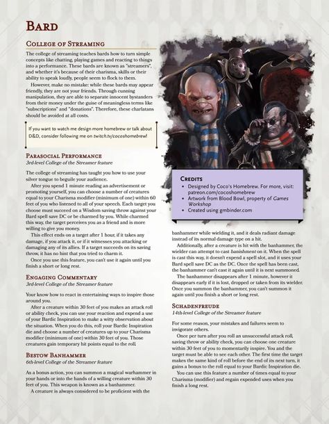 College of Streaming Bard Subclass - Beguile your audience out of their money and throw the banhammer down on your enemies! : UnearthedArcana Bard College, Ascii Art, One D, Custom Tags, Home Brewing, Dungeons And Dragons, The Game, Money