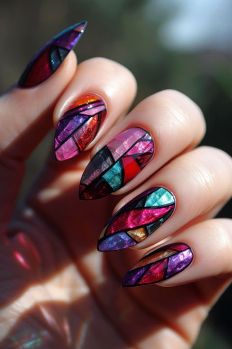 Stained Glass Inspiration: Nail Designs For A Purple Dress Stained Glass Nail Art Design, Gel X Nails Purple, Stained Glass Acrylic Nails, Stained Glass Nails Acrylic, Stained Glass Nails Designs, Tourmaline Nails, Gaudi Nails, Stain Glass Window Nails, Jewel Toned Nails