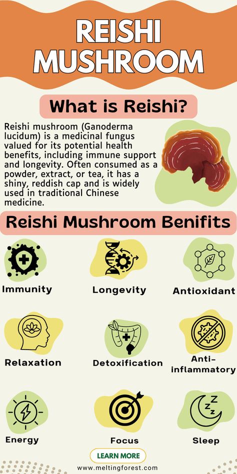 Explore the incredible health benefits of Reishi mushroom, a powerful medicinal fungus known for immune support and longevity. Learn how this shiny, reddish mushroom is used in traditional Chinese medicine as a powder, extract, or tea. Learn more. #ReishiMushroom #ImmuneSupport #TraditionalMedicine #HerbalRemedies Mushroom Facts, Reishi Mushroom Tea, Herbal Flowers, Reishi Mushroom Benefits, Reishi Mushrooms, Herbal Health, Herbal Education, Mushroom Benefits, Mushroom Tea