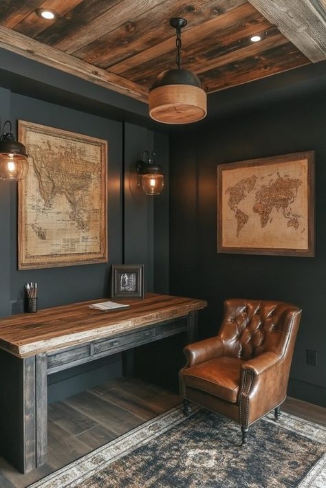 Mens Office Decor At Work Business, Hunting Lodge Office, Rustic Mens Office, Brick Accent Wall Office, Cozy Basement Office, Construction Office Interior Design, Unfinished Basement Office, Men’s Home Office Ideas, Man Study Room