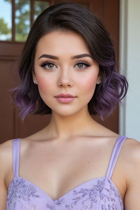 Bridal Makeup Lavender, Makeup With Lilac Outfit, Makeup With Short Hair, Makeup Look For Purple Dress, Lavender Wedding Makeup, Bridal Makeup Purple, Makeup For Lavender Dress, Soft Glam Prom, Lilac Makeup Look