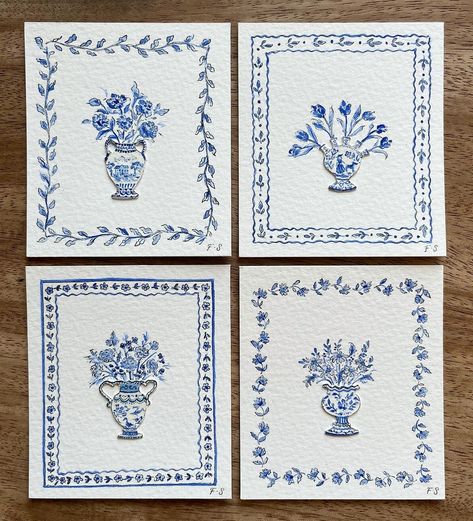 Pinterest • Instagram Miniature Pots, Blue Drawings, Blue Artwork, Illustration Botanique, Art Inspiration Painting, Blue Watercolor, Painting Inspiration, Floral Art, Painting & Drawing