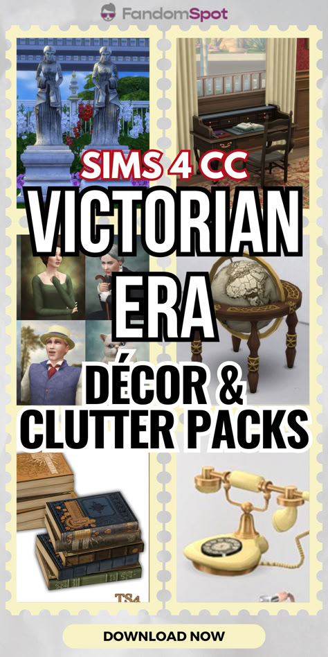 Add some Victorian-era 1800s CC into your Sims 4 gameplay. This CC list is perfect for the decades challenge, or even for some old-school storytelling Sims 4 Old Timey Cc, Sims 4 Royalty Challenge, Victorian Mods Sims 4, Sims 4 Royality Cc, The Sims 4 Cc Victorian Furniture, Sims 4 1800s Cc Furniture, Sims4 Cc Victorian, Sims 4 Edwardian Cc Furniture, Victorian School Building