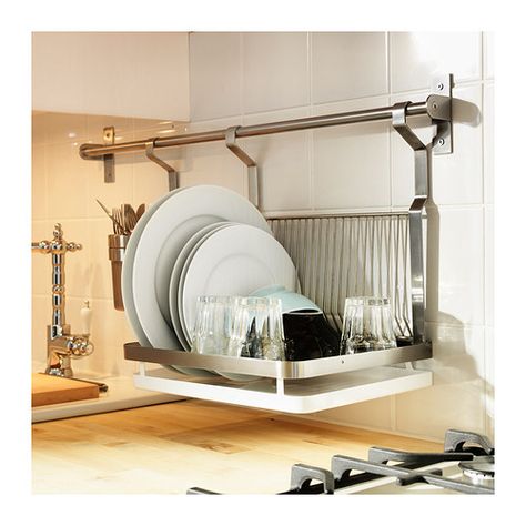 IKEA - wall mount over sink dish drain                                                                                                                                                      More Apartemen Studio, Organiser Cucina, Apartment Needs, Dish Drainers, Dish Rack, Kitchen Storage Solutions, Dish Rack Drying, Dish Racks, Clever Storage