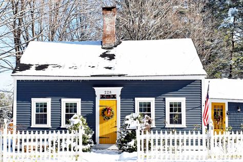 Blue House Exterior White Trim, House Exterior White Trim, Blue House Exterior, Navy Blue Houses, Yellow Front Door, Dark Blue Houses, Best Front Door Colors, House Exterior White, Navy Houses