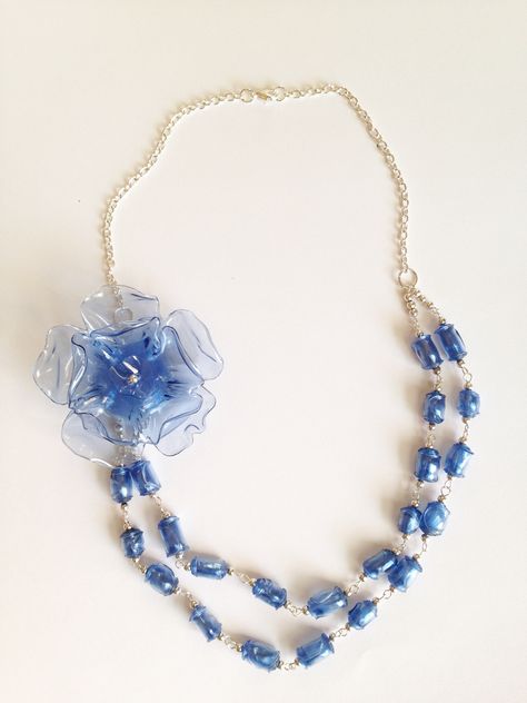 Accessories From Recycled Materials, Plastic Bottle Beads, Blue Plastic Jewelry As A Gift, Jewellery From Waste Material, Recycled Plastic Jewellery, Adjustable Blue Jewelry With Recycled Glass, Eco-friendly Blue Bags Made From Recycled Plastic Bottles, Recycled Necklace Plastic, Tea Illustration