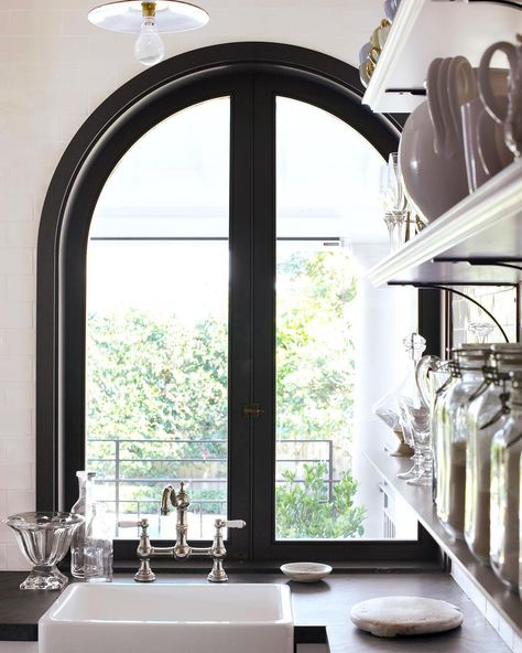 Window Above Sink, Large Kitchen Window, Corner Sofa And Chair, Arch Window, Hamptons Decor, Above Sink, Coastal Living Rooms, Arched Windows, Farmhouse Sink