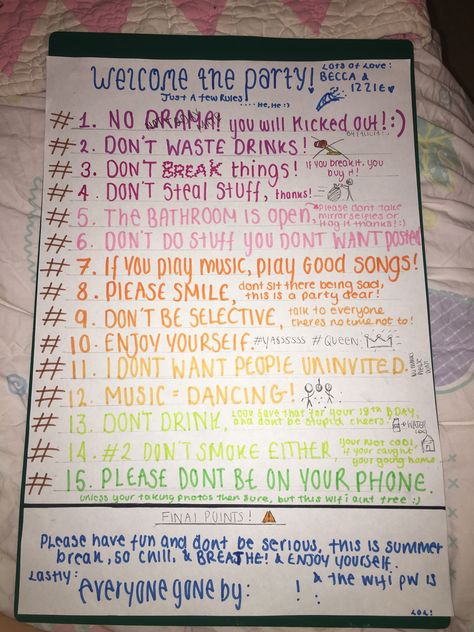 House Party Rules Poster, Rules For Sleepover, Party Rules Sign, Games 18th Birthday, 16 House Party Ideas, House Party Decorations College, Party Rules Poster Funny, Fun House Party Ideas, Summer Birthday Party Ideas For Teens