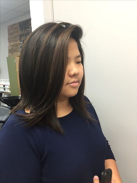 Partial Highlights For Black Hair Asian, Minimal Hair Color For Black Hair, Brown Hair Natural Highlights, Black Hair With Lowlights, Highlights For Dark Brown Hair, Short Hair Highlights, Brown Hair Looks, Straight Hair Cuts, Low Lights Hair