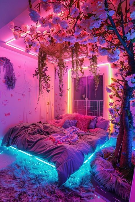 Vibey Room Lighting, Vaporwave Bedroom Aesthetic, Glow Bedroom, Whimsigoth Bedroom, Sensory Party, Vaporwave Room, Violet Room, Baddie Room, Bright Bedroom