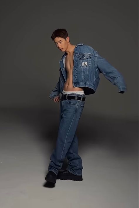 Mark Tuan Abs, Black Denim Shirt, Calvin Klein Outfits, Got7 Mark Tuan, Male Models Poses, Boy Boy, Men Photoshoot, Got7 Mark, Mens Fashion Streetwear