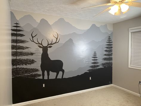 Kids Hunting Bedroom, Boys Hunting Theme Bedroom, Wood Themed Nursery, Camo Room Ideas For Boys, Boy Hunting Bedroom, Hunting Boys Room, Hunting Mural, Hunting Kids Room, Boys Hunting Bedroom Ideas