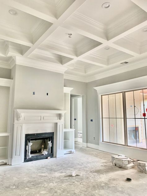 Tall Coffered Ceiling, How To Coffered Ceiling, Great Room Coffered Ceiling, Fireplace With Coffered Ceiling, Coffered Ceiling With Crown Molding, Coffered False Ceiling, Coffered Ceiling With Fireplace, Coffer Ceiling Ideas, 12ft Ceilings Living Room