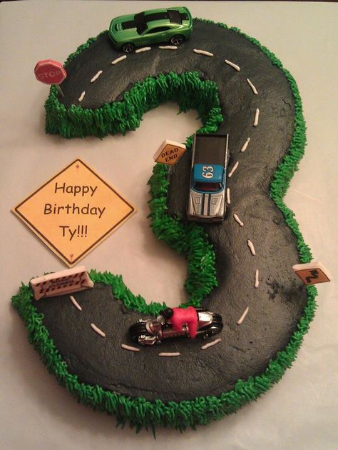 car's number 3 cake | Number 3 Cake, Road, Cars Race Track Cake, Car Cakes For Boys, Bolo Hot Wheels, Race Car Cakes, Cars Birthday Cake, Cars Cake, Hot Wheels Birthday, Cars Birthday Party Disney, Disney Cars Birthday