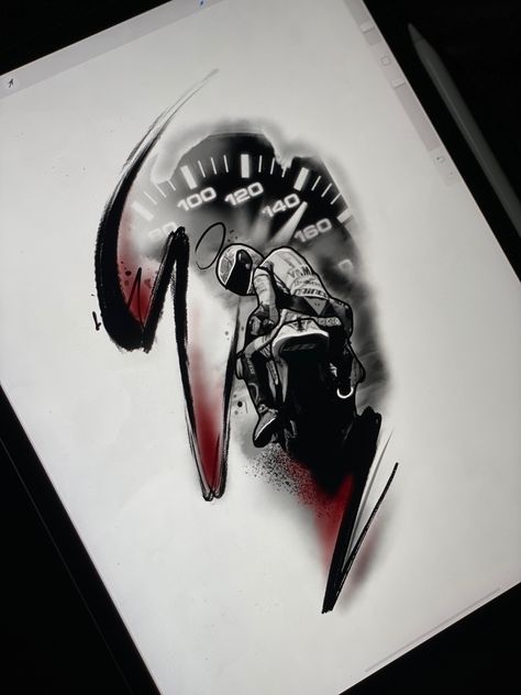 Motorbike Tattoo Design, Streetbike Tattoo, Trash Polka Motorcycle Tattoo, Valentino Rossi Tattoo Design, Bike Tattoo Ideas Motorcycles, Rider Tattoo For Men, Sport Bike Tattoo, Motogp Tattoo, Bike Tattoo Motorcycles