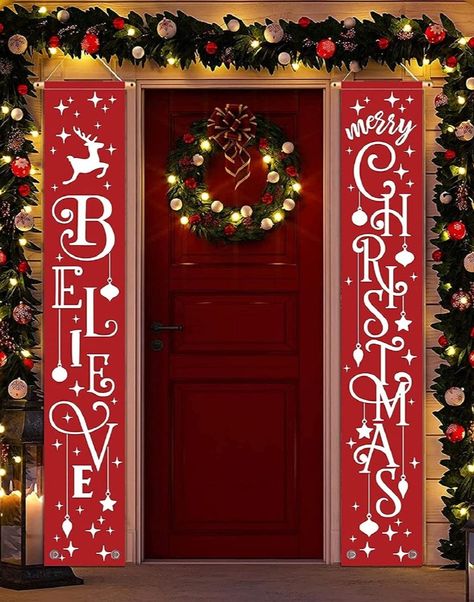 Merry Christmas Banner- Christmas Door Banner 71"x 12" Hanging Believe Merry Christmas Door Porch Sign Indoor Outside Yard Garden Party Decor Christmas Porch Signs, Photo Booth Prop, Hanging Flag, Merry Christmas Banner, Christmas Flag, Outdoor Party Decorations, Christmas Porch Decor, Merry Christmas Decoration, Hanging Banner