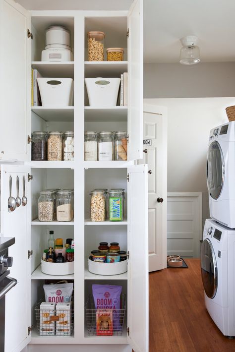 My House: There’s a Place for Everything in Organization Expert Shira Gill’s Berkeley Bungalow - Dwell Shira Gill, Cabinet Organization Ideas, Kitchen Cabinet Organization Ideas, Recessed Shelves, Pantry Jars, Snug Room, Minimize Clutter, Dining Room Cabinet, Stackable Washer And Dryer