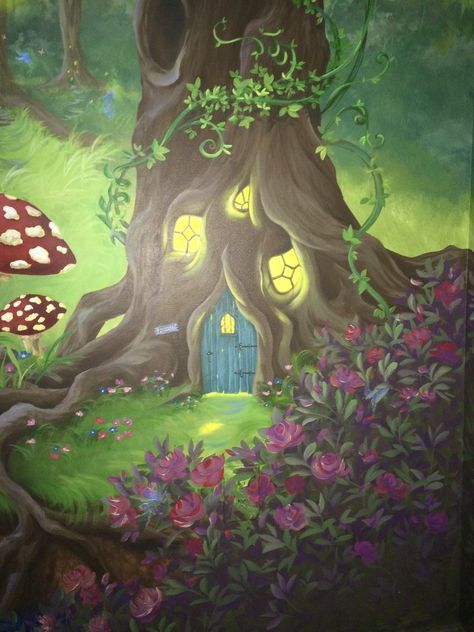 Enchanted forest bedroom mural - Fairy tree house in normal light #HannonArtWorks Fairy Garden Ideas Enchanted Forest, Tree House Bedroom, Enchanted Forest Bedroom, Fairy Mural, Enchanted Forest Nursery, Forest Bedroom, Bedroom Mural, Fairy Bedroom, Fairy Room