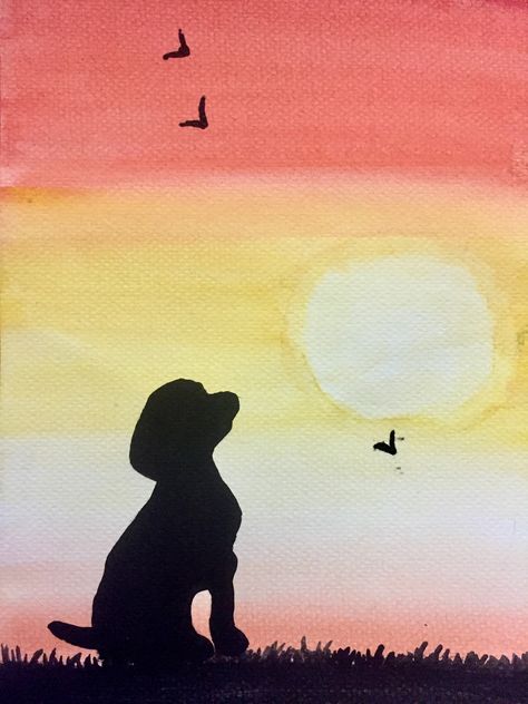 Dog Shadow Painting, Easy Dog Paintings For Beginners, Sunset Siloutte, Sunset Painting Beginner, Puppy Painting Easy, Painting Dogs Acrylic, Easy Dog Paintings On Canvas, Easy Dog Painting, Simple Dog Painting