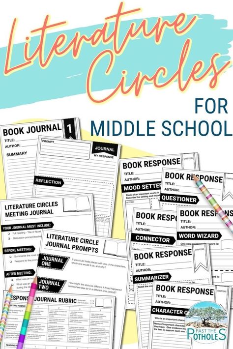 Image includes samples of book club journal prompts, response journal pages and rubrics. Click the image to learn more about how to organize and run literature circles with any novel. Discover how to organize, what student roles to include, assessment ideas, reading response journal prompts and more! Literature Circles Middle School, Reading Intervention Classroom, Literature Circle Roles, Classroom Book Clubs, Sixth Grade Reading, Middle School Writing Activities, Book Study Activities, Middle School Literature, Book Club Activities