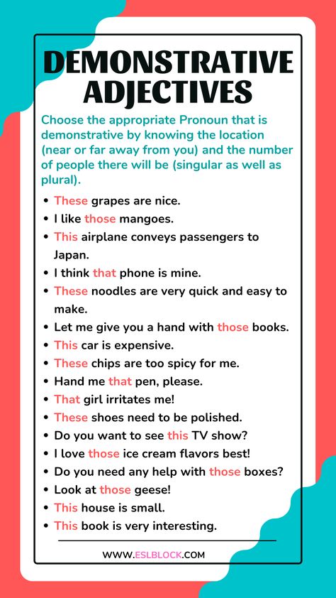 What are Demonstrative Adjectives? Using demonstrative adjectives in your written and spoken English is a fantastic method to enhance your sentences and more descriptive. There are a variety of demonstrative adjectives that are used in English that can be used to describe the location of the subject in time or space. In this segment, we will ... Read more Demonstrative Adjectives, Improve My English, List Of Adjectives, English Grammar Notes, Grammar Notes, English Grammar Worksheets, English Reading, Spoken English, Grammar Worksheets