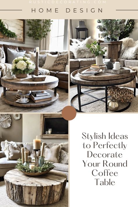 Looking for simple ways to style your round coffee table? Whether it's a statement piece or a cozy addition to your living room, these tips will help you create a balanced and charming look. From layering rustic trays to adding the perfect touch of greenery, you’ll find easy ideas to bring warmth and character to your space. Decorate Round Coffee Table, Round Coffee Table Decor, Distressed Wood Furniture, Rustic Tray, Colored Vases, Circular Table, Comfort Design, Easy Ideas, Coffee Table Books