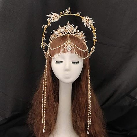 Moon Crown Goddesses, Aphrodite Crown, Halloween Costume Goddess, Halo Crown Headpieces, Goddess Headpieces, Goddess Costume Accessories, Golden Headpiece, Goddess Halloween Costume, Goddess Headband