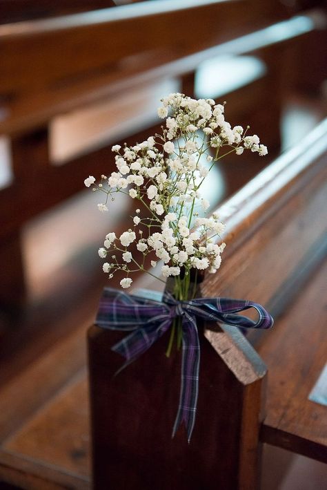 Tartan ribbon tying the gypsophila to the pew ends - Image by Fiona Kelly - Annasul Y Wedding Gown And No 1 By Jenny Packham Bridesmaids For A Rustic Wedding At The Thames Rowing Club With Groom In Kilt And A Touch Of Tartan Theme Church Aisle Decor, Scottish Wedding Themes, Ribbon Tying, Wedding Runners, Burn's Night, Church Aisle Decorations, Wedding Flowers Gypsophila, Kilt Wedding, Wedding Church Aisle