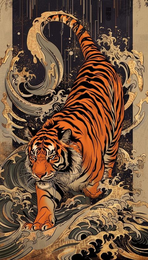 Art Tigre, Japanese Tiger, Illustration Kunst, Tiger Tattoo Design, Japanese Pop Art, Tiger Wallpaper, Japanese Art Prints, Abstract Art Wallpaper, Tiger Art