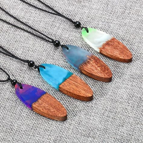 More wood and resin ideas -- Let me know in the comments what you think. Style Surf, Surf Jewelry, Ocean Inspired Jewelry, Gifts For Surfers, Resin Ideas, Black Rope, Wood Necklace, Wooden Pendant, Wood Pendant