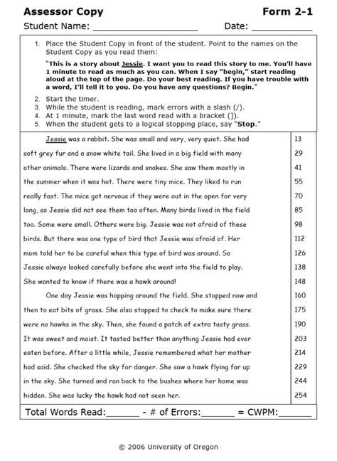 ASSESSMENT: This easyCBM ‘Passage Reading Fluency Assessment’ assesses the amount of correct words per minute a student can fluently read, based on grade level. This assessment is useful and effective for reading fluency and expression because comparing students' scores of correct words per minute to reading fluency norms helps in monitoring students' fluency progression (PRF, pg. 27). This assessment tells you about students' speed and accuracy, which relate to fluency (PRF, pg. 27). Words Per Minute Reading, Fluency Assessment, English Charts, Reading Comprehension Posters, 4th Grade Reading Worksheets, Reading Strategies Anchor Charts, Decodable Passages, Cloze Passages, Reading Fluency Passages