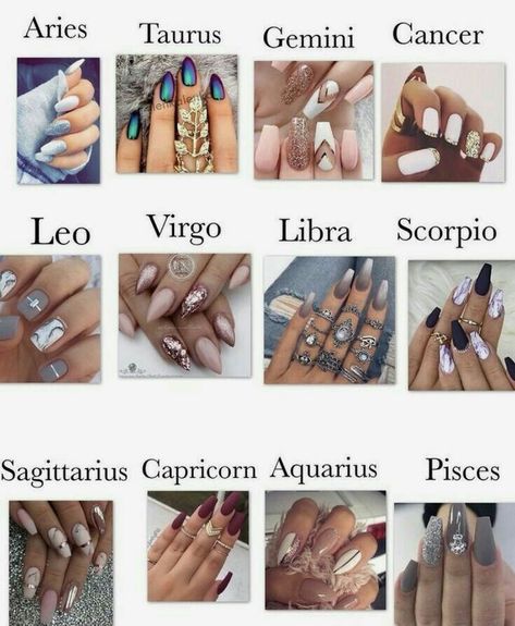 Zodiac Nails Designs Gemini, Leo Zodiac Nail Designs, Nails Zodiac Signs, Zodiac Nails Designs, Sagittarius Nails, Hairstyles Zodiac Signs, Capricorn Nails, Libra Nails, Zodiac Nail Designs