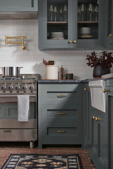 3 Kitchen Trends We’re Loving in 2020 | Tinted by Sherwin-Williams Storm Cloud Sherwin Williams Cabinets, Sherwin Williams Rock Bottom Cabinets, Sherwin Williams Kitchen Cabinet Colors, Sherwin Williams Kitchen, Warm Industrial, Sherwin Williams Gray, Square Kitchen, Cabinet Paint Colors, Big Lake