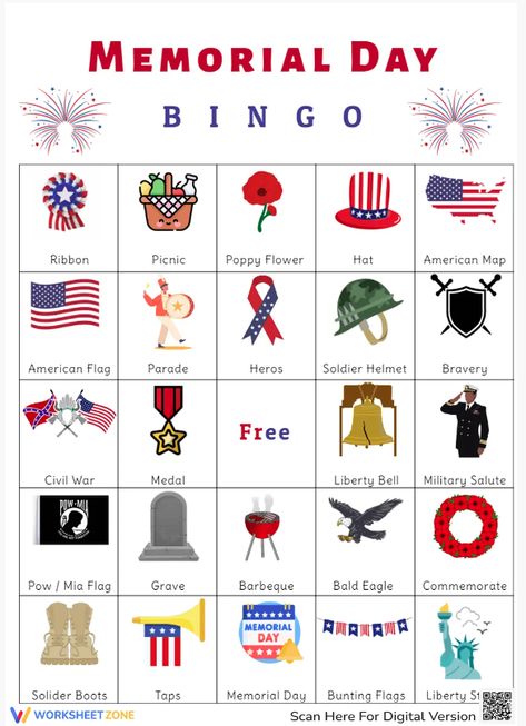 Use this universally loved game to celebrate Memorial Day in the classroom. Bingo is a great way to introduce and review vocabulary. Try it out!
#holidays #memorialday #memorialdaybingo #bingogames #bingocards #worksheets #memorialdayworksheets #gamesforkids #activitiesforkids #printablesforkids #freeprintables Classroom Bingo, Memorial Day Activities, 1 Worksheet, Free Activities For Kids, Bingo Card, Activity For Kids, Remembrance Day, Bingo Games, Free Activities