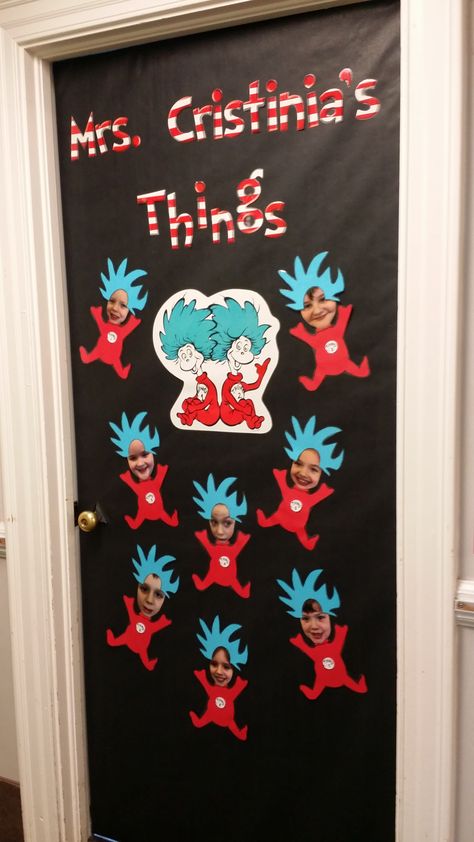 Diy Dr Seuss Decor, Thing 1 And Thing 2 Bulletin Board Ideas, Dr Suess Board Ideas, Dr Suess Daycare Theme, The Cat In The Hat Crafts Preschool, Thing 1 And Thing 2 Door Decorations, Dr Seuss Handprint Art, Cat In The Hat Classroom Door, Dr Suess Decorations Schools