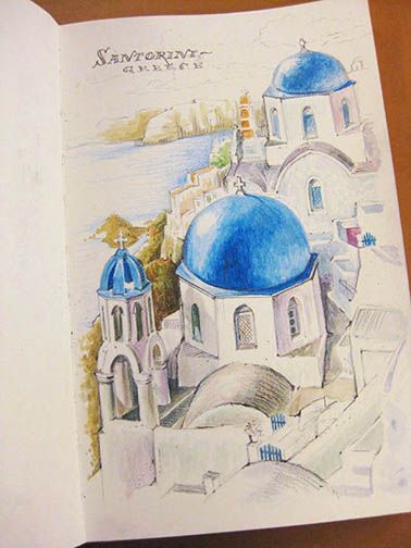 Santorini, Greece Santorini Drawing, Santorini Sketch, Santorini Art Painting, Santorini Greece Painting Easy, Greece Project, Watercolor Santorini, Greece Tattoo, Santorini Illustration Art Prints, Greece Painting