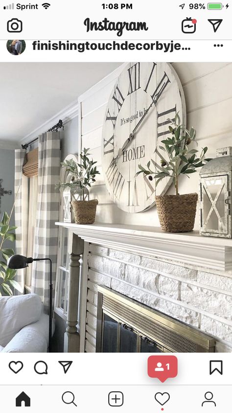 Clock Over Mantle, Mantel Decorating Ideas With Clock, Clock Above Fireplace, Farmhouse Mantel Decorating Ideas, Above Fireplace Decor, Mantel Decorating Ideas, Farmhouse Mantel, Living Room Plan, Big Clock