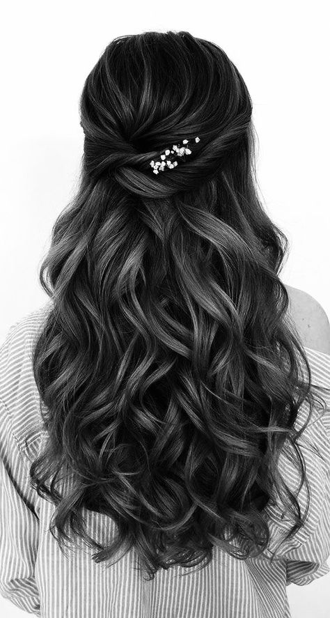 Hairstyles For Matric Ball, Hoco Hair Dark Hair, Prom Hairstyles For Long Dark Hair, Dark Bridal Hair, Dark Brown Formal Hairstyles, Dark Hair Wedding Hairstyles Brides With Veil, Long Black Wedding Hair, Wedding Dark Hair, Prom Hair Waves