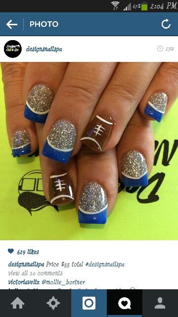 CUTE for football season Soccer Nails Design, Dallas Cowboys Nails, Football Nail Designs, Football Nail Art, Cowboy Nails, Sports Nails, Football Nails, Christmas Gel, Fingernail Designs