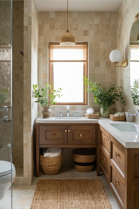 Exude warmth and tranquility in your bathroom with beige-toned tiles, rustic wooden vanities, and soft woven details. Create a spa-like ambiance with greenery and natural light for a perfect retreat. #BathroomDesign #NaturalBathroom #SpaBathroom #BeigeBathroom #WoodenVanities #SereneBathroom #WovenDecor #BathroomRetreat #InteriorDesignInspo #BathroomGoals Bathroom Wooden Vanity Ideas, Wooden Bathroom Design, Beige Rustic Bathroom, Natural Powder Room, Bathroom Earth Tones, Tan Tile Bathroom, Spa Bathroom Design Ideas, Beige And Brown Bathroom, Warm Bathroom Ideas