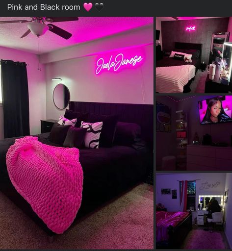 Black Grey And Pink Bedroom Ideas, Black And Hot Pink Room Ideas, Dark Pink Room Ideas, Black Pink White Bedroom, Pink And Black Aesthetic Room, Black And Hot Pink Room, Room Black And Pink, Black And Pink Room Decor, Black And Pink Room Aesthetic