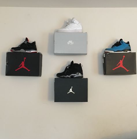 Room decoration/shoe storage for a sneakerhead's room. Jordan Shoe Boxes On Wall Display, Jordans Boxes On Wall, Shoe Storage Ideas With Boxes, Shoe On Wall With Boxes, Shoe Box On Wall Display, Shoe Wall With Boxes, Jordan Boxes On Wall, Floating Shoe Box, Shoe Box Room Decor