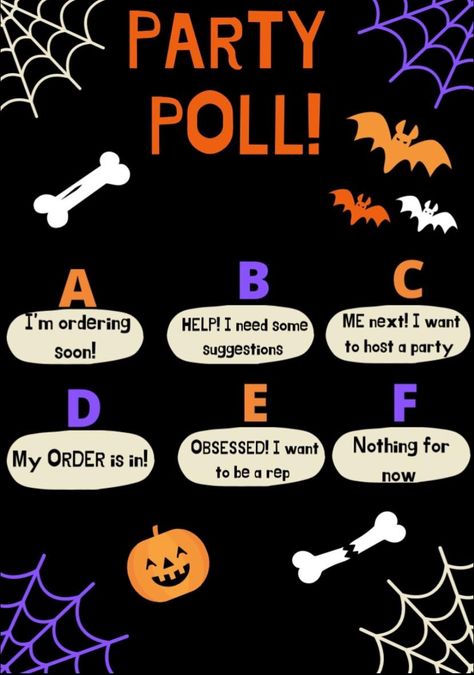 Party Polls, October Scentsy Party, Halloween Engagement Posts, Pampered Chef Fall Games, Halloween Social Media Engagement Posts, Scentsy Pre Party Posts, Pampered Chef Party, Tastefully Simple, Scentsy Consultant