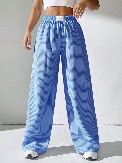 Blue Casual Collar  Polyester Letter,Striped Straight Leg Embellished Non-Stretch  Women Clothing Sully Costume, Striped Pant, Easy Trendy Outfits, Pj Pants, Budget Fashion, Women Pants, Casual Stripes, Women Pants Casual, Long Pants