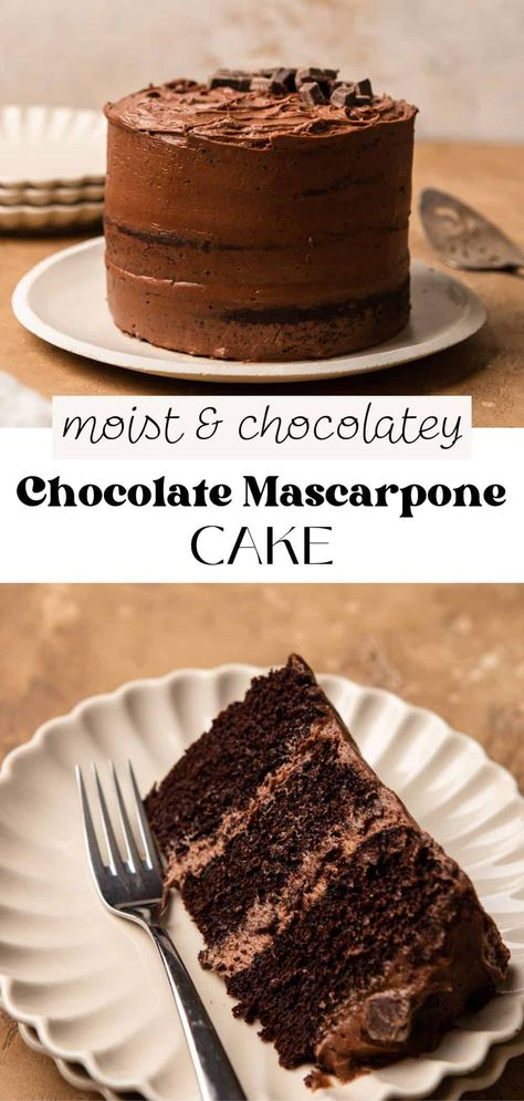 This moist chocolate mascarpone layer cake with chocolate mascarpone frosting is so rich and decadent, it'll be your new go-to chocolate cake recipe! It has 3 layers of dark chocolate cake with  smooth chocolate frosting sandwiched in between and spread all over. It's easy to make and is perfect for any special occasion! Chocolate Cake With Mascarpone Frosting, Decadent Cakes Birthdays, Best Chocolate Wedding Cake Recipe, Marscapone Cake Recipes, Mascarpone Cream Cake, Chocolate Lover Cake, Black Magic Cake Recipe, Chocolate Milk Cake, Lemon Chocolate Cake